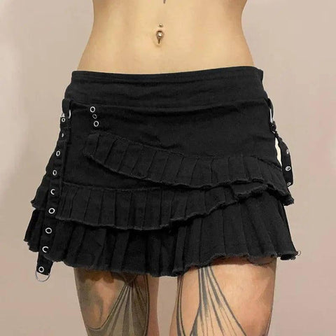 Metal Buckle Irregular Pleated Denim Skirt-5