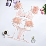 Metal Chain Lace Feather Lace Eyelash Lingerie Set-Pink-2