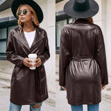 Mid-length Leather Western-lace Slim Long-sleeved Trench-Coffee-1