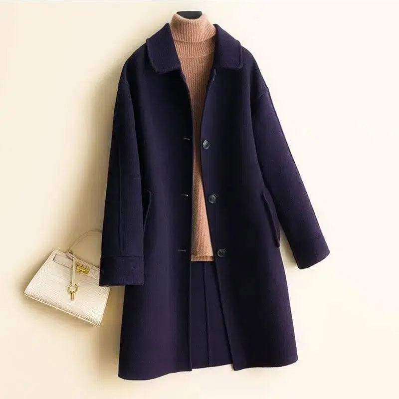 Mid-length women's woolen coat trench coat-Blue-7