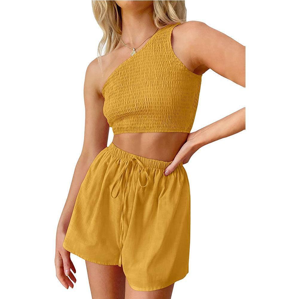 Midriff-baring Top Shorts Beach Two-piece Suit-Yellow-7