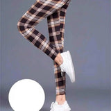 Milk silk check leggings-Coffee-3