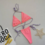 Multicolor Bikini Sexy Split Swimsuit Halter Tie-Pink-5