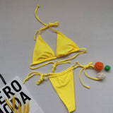 Multicolor Bikini Sexy Split Swimsuit Halter Tie-Yellow-7