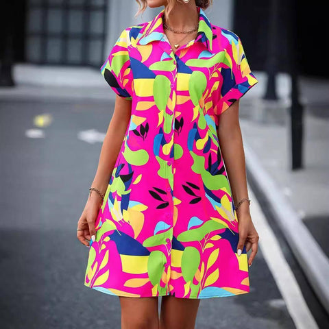 New Floral Print Short Sleeve Shirt Dress Summer Fashion-3