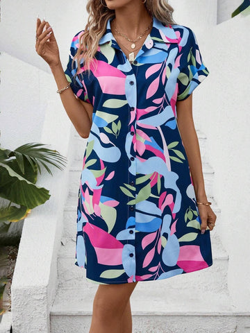 New Floral Print Short Sleeve Shirt Dress Summer Fashion-8