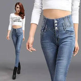 LOVEMI - autumn new high waist buckle stretch jeans women's Korean
