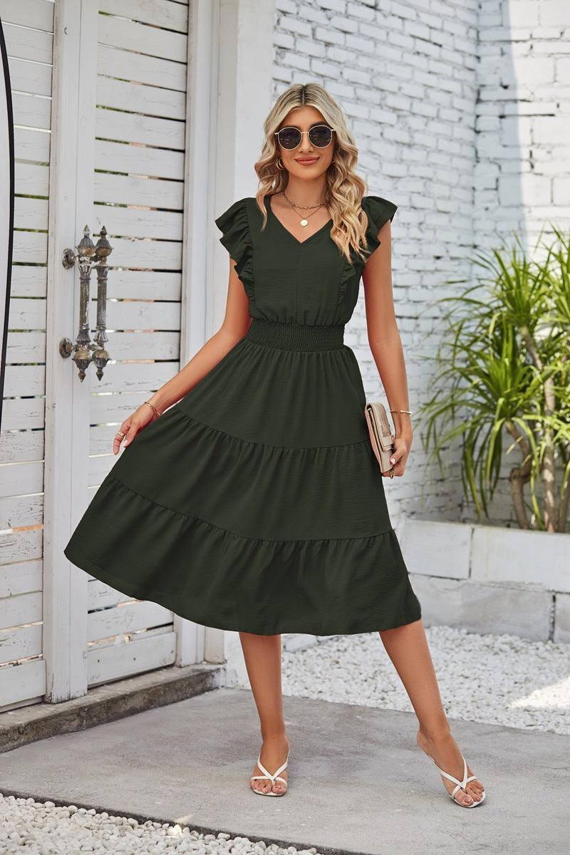 New Ruffled Sleeveless V-Neck Dress Summer Fashion Elastic-Dark Green-2