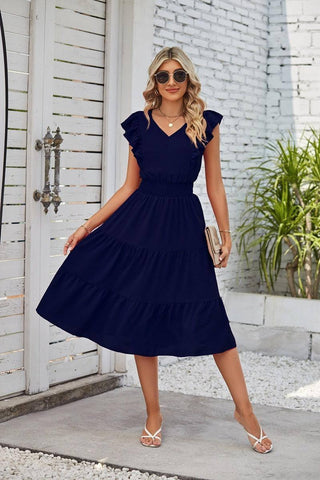 New Ruffled Sleeveless V-Neck Dress Summer Fashion Elastic-Navy Blue-3