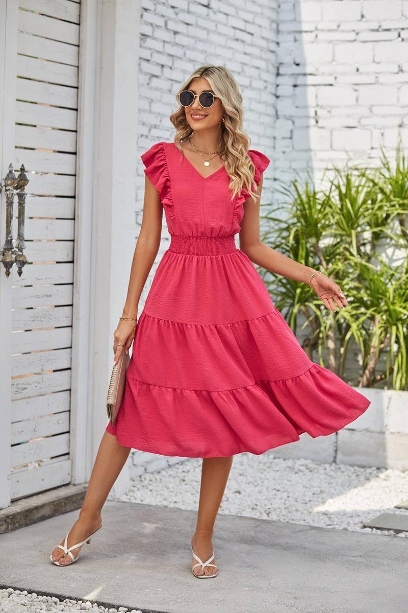 New Ruffled Sleeveless V-Neck Dress Summer Fashion Elastic-Red-5