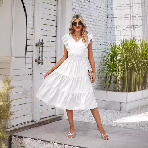 New Ruffled Sleeveless V-Neck Dress Summer Fashion Elastic-White-6