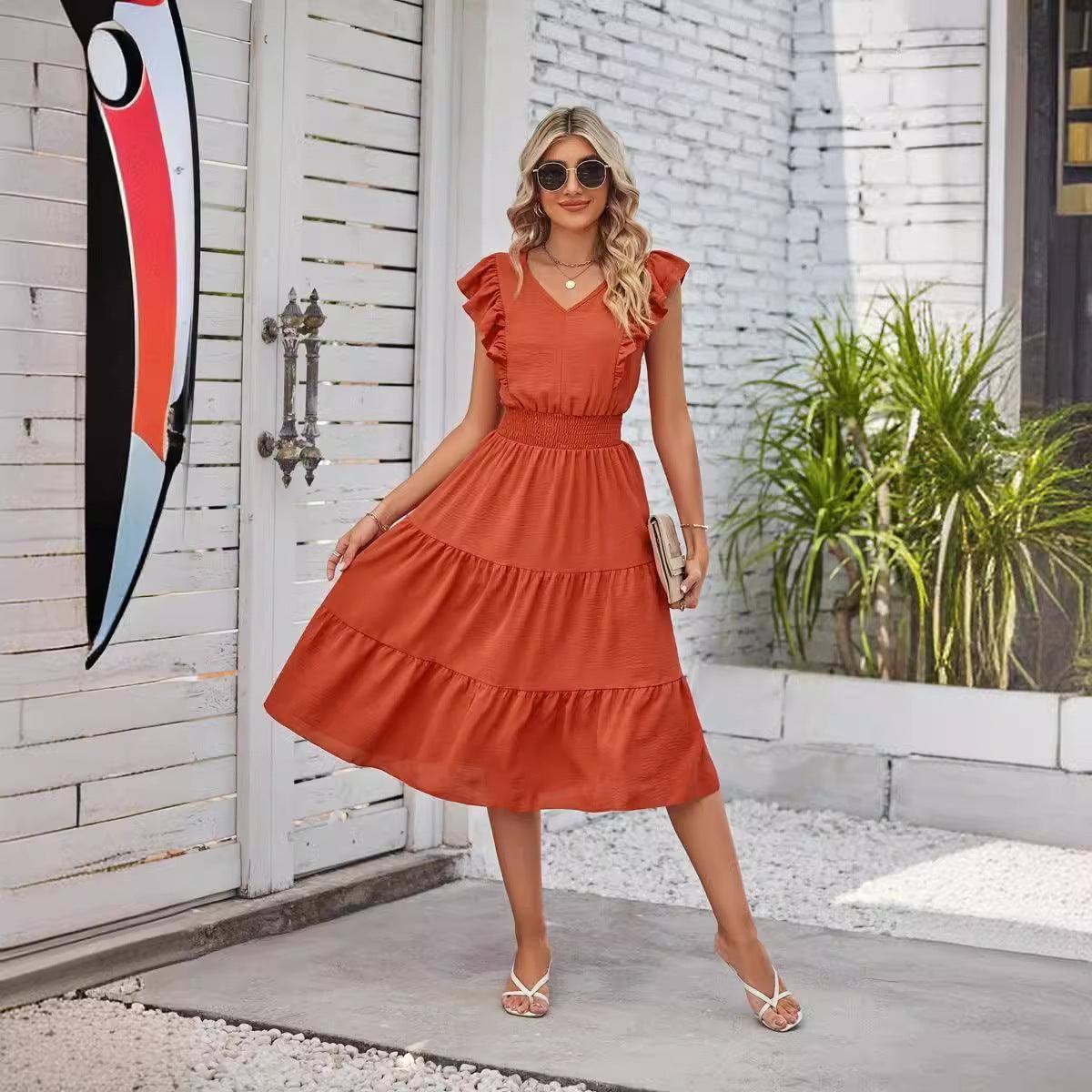 New Ruffled Sleeveless V-Neck Dress Summer Fashion Elastic-Orange Red-7