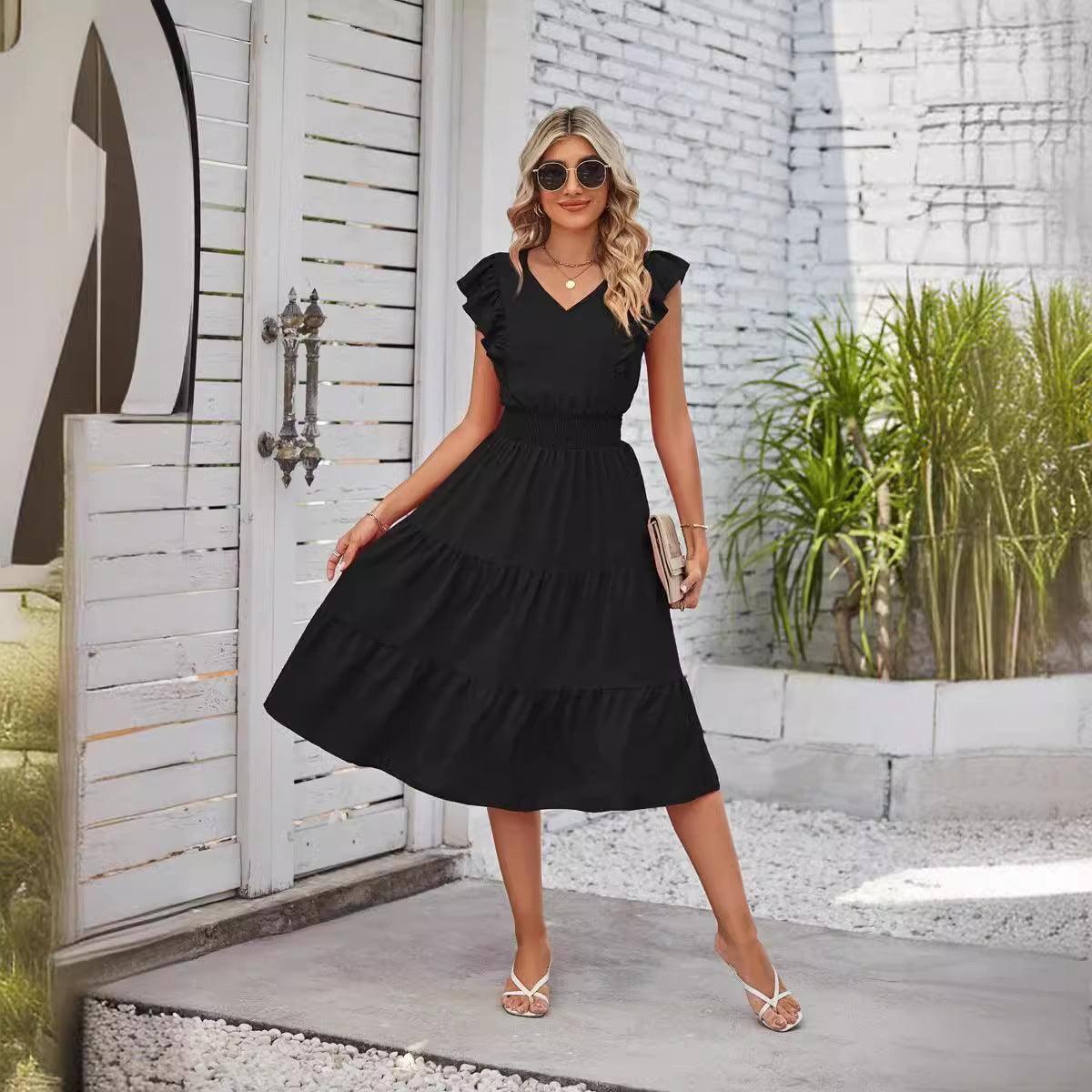 New Ruffled Sleeveless V-Neck Dress Summer Fashion Elastic-Black-8
