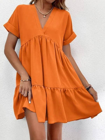 New Short-sleeved V-neck Dress Summer Casual Sweet Ruffled-Orange-12