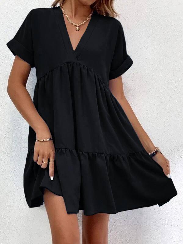 New Short-sleeved V-neck Dress Summer Casual Sweet Ruffled-Black-3