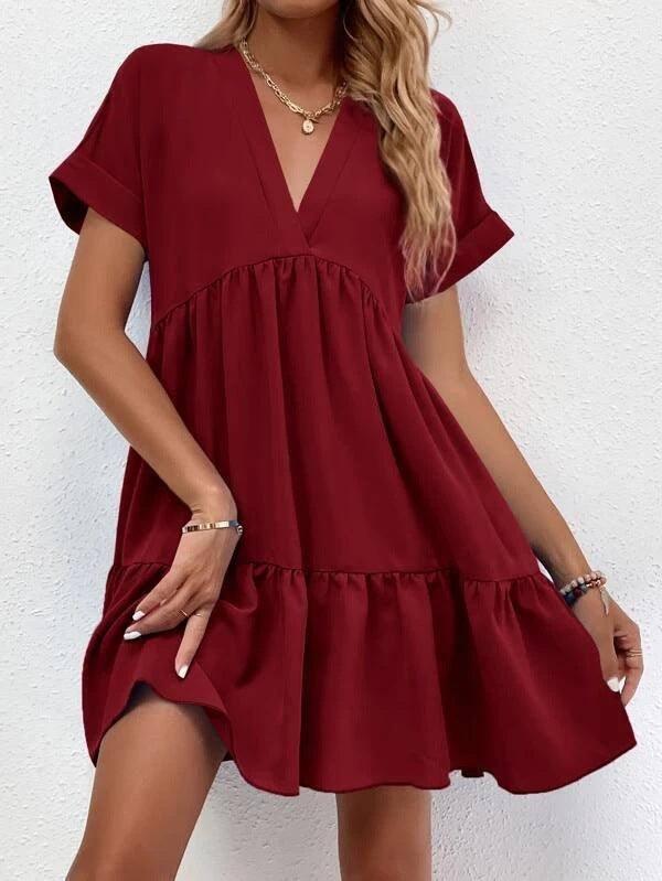 New Short-sleeved V-neck Dress Summer Casual Sweet Ruffled-Wine Red-9