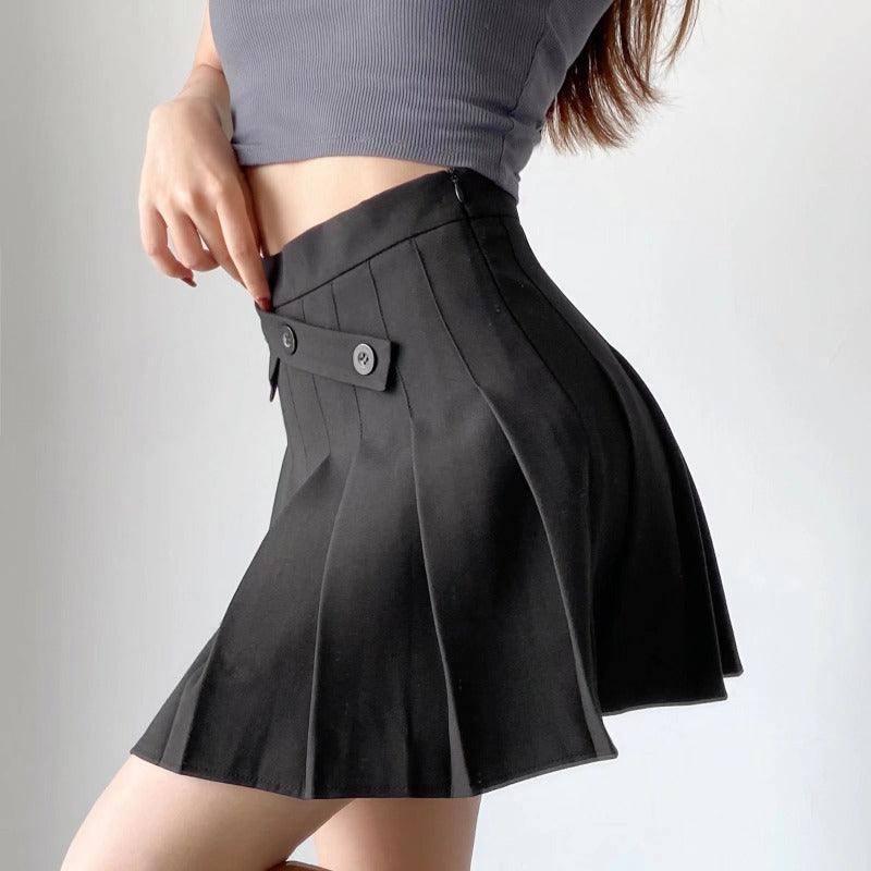 New Summer Oblique Button High Waist Pleated Skirt-2