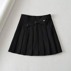 New Summer Oblique Button High Waist Pleated Skirt-Black-3