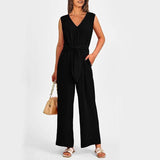 New V-neck Sleeveless Long Jumpsuit With Pockets And Lace-up-Black-2