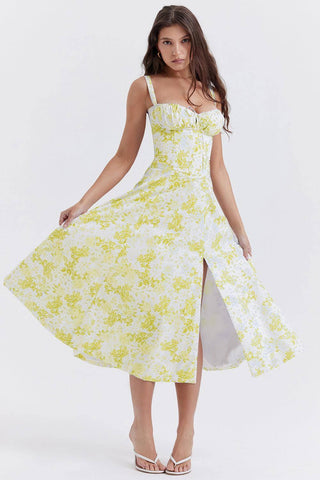 New Women's Floral Print Dress With Straps-White and yellow flower style-7
