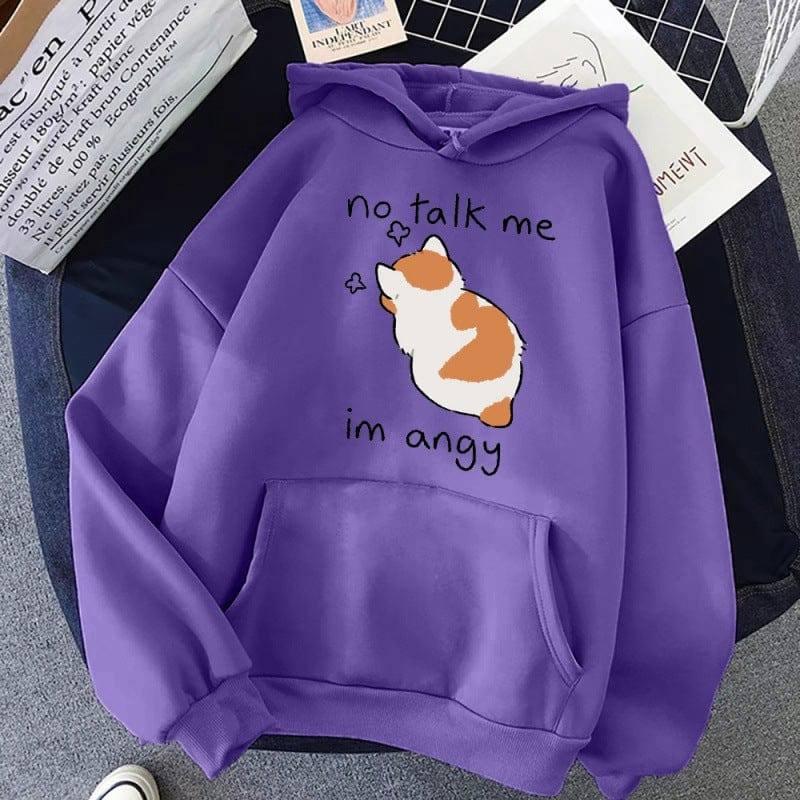 No Talk Me Cute Angry Cat Print Women Hoodie-Purple-11