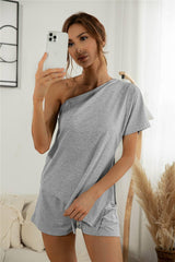 Off-the-shoulder Short Sleeve Sloping-shoulder Off The-shoulder Casual Two-piece Suit-Light Gray-4