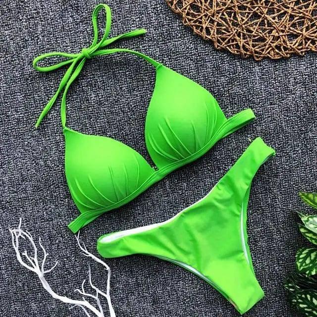 One-piece bra hanging neck bikini-Green-4