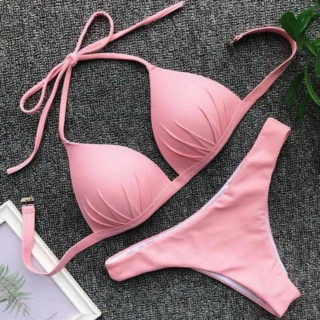 One-piece bra hanging neck bikini-Pink-5