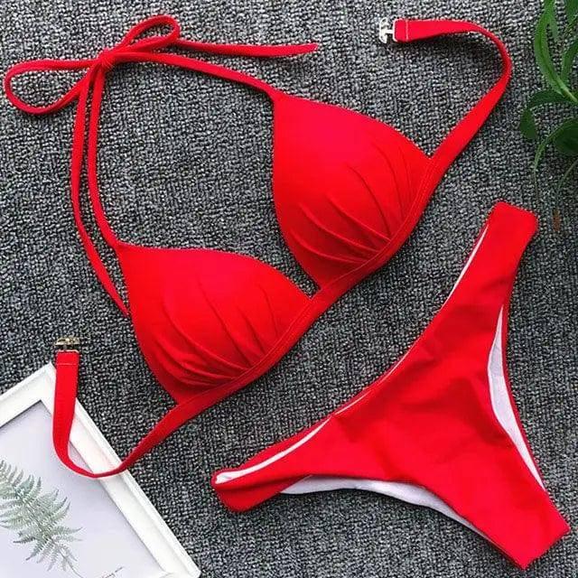 One-piece bra hanging neck bikini-Red-6