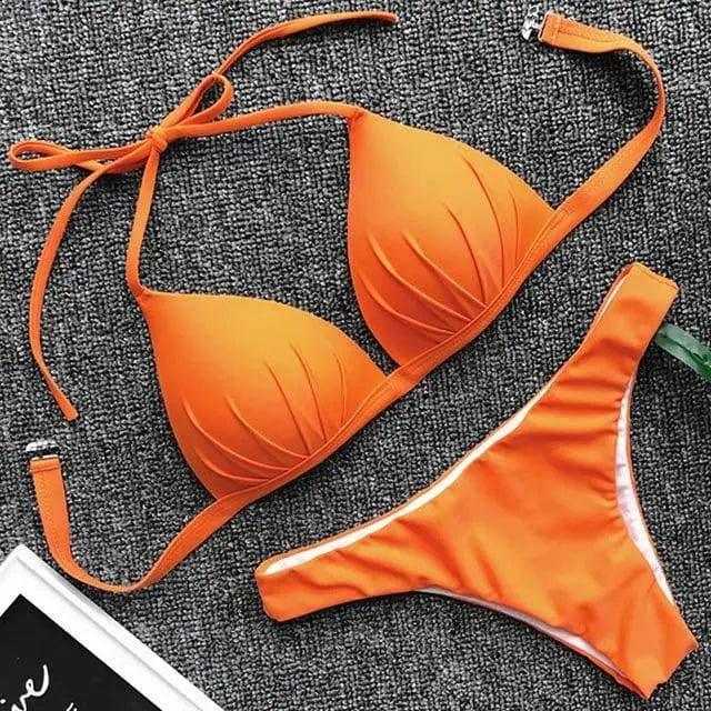 One-piece bra hanging neck bikini-Orange-7