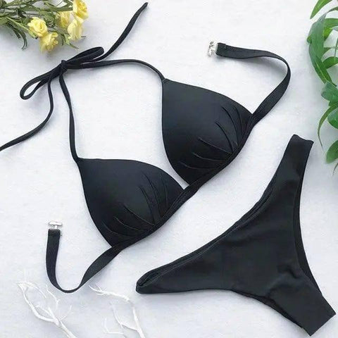 One-piece bra hanging neck bikini-Black-8