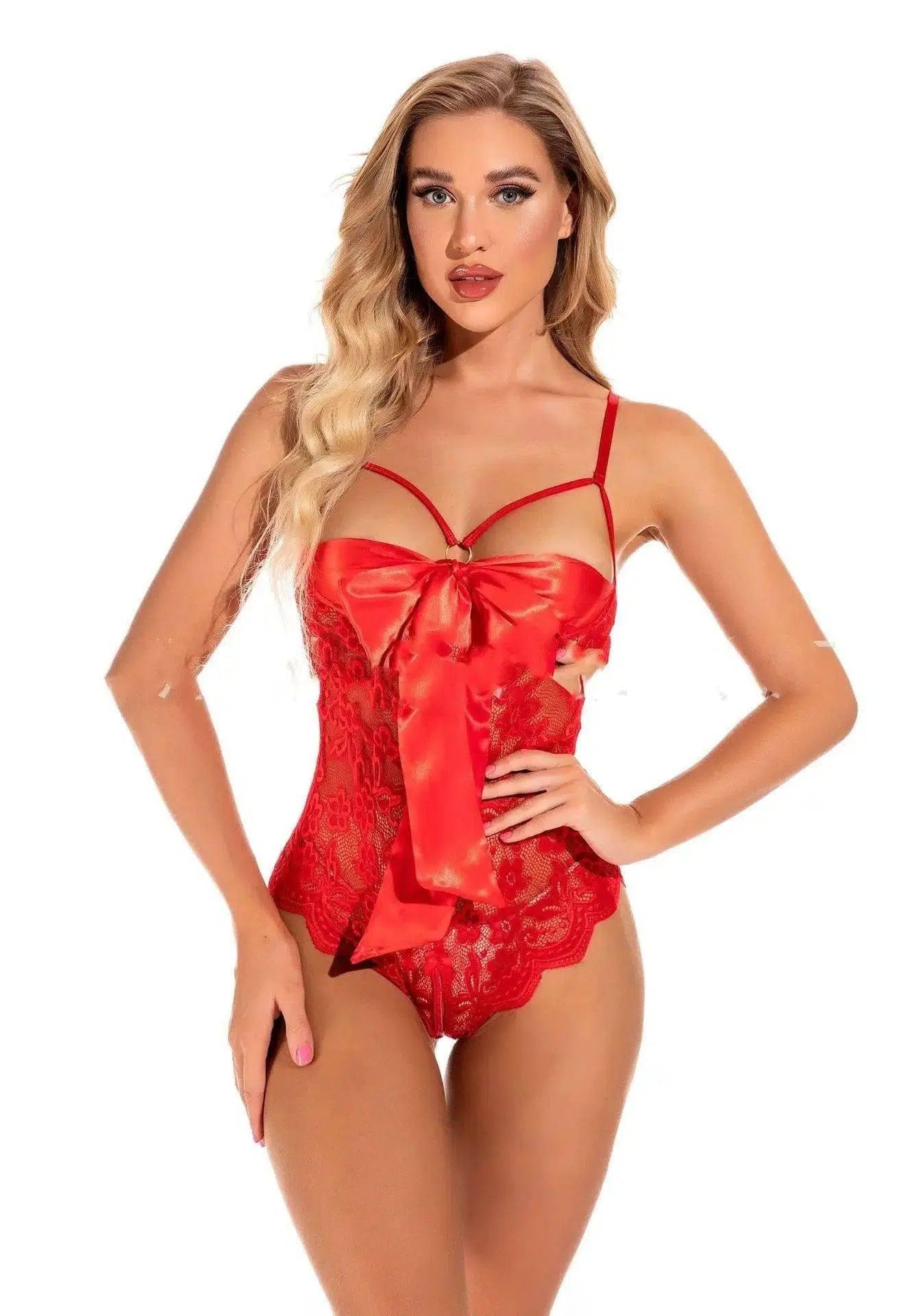 One-piece Lingerie See-through Lingerie Sexy Deep V Lingerie-Red-4