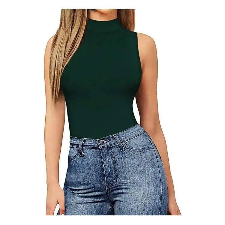 One Piece Swimsuit Casual Turtleneck Bottoming Shirt-Green-2