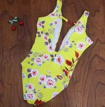 One-piece Swimsuit, Flower Swimsuit,-Yellow-2