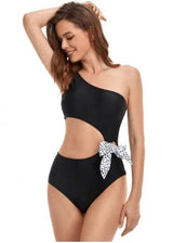 One-piece Swimsuit Oblique Shoulders And Waist-Black-1