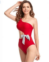 One-piece Swimsuit Oblique Shoulders And Waist-Red-2