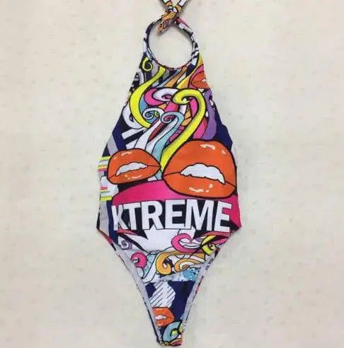 One piece swimsuit sexy thong with lip print swimwear For-Lips-2