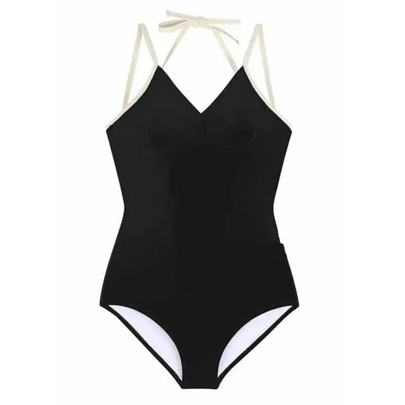 One-piece Swimsuit Women Korean Style Simple Ins Wind Retro-Black-2