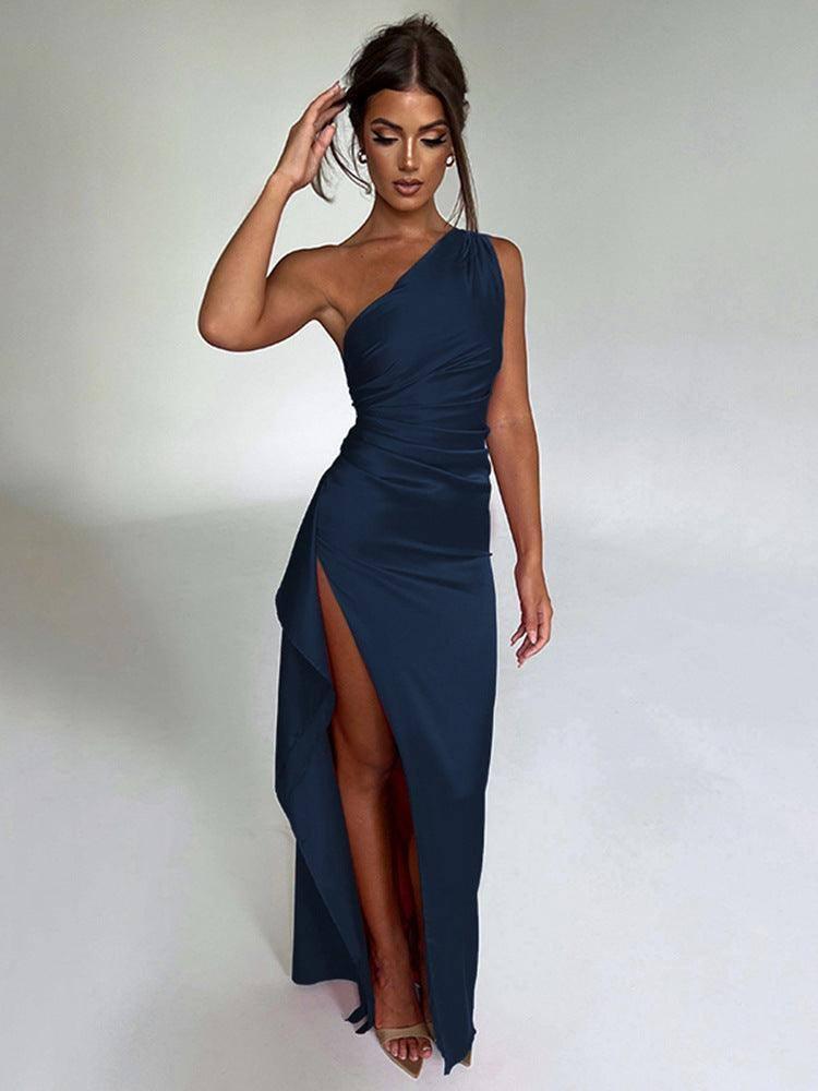 One-shoulder Pleated Split Sexy Satin Dress Elegant Slim-fit-Royal-13