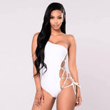 One-shoulder sexy bikini swimsuit with hoop cross strap-White-2