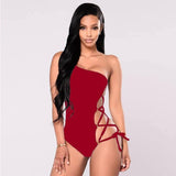 One-shoulder sexy bikini swimsuit with hoop cross strap-Red-4