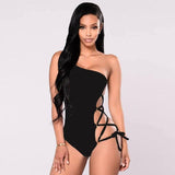 One-shoulder sexy bikini swimsuit with hoop cross strap-Black-5