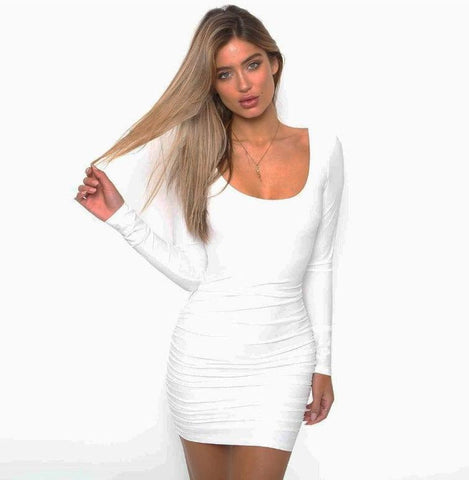 ong sleeve sexy nightclub bag hip dress-White-6
