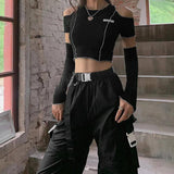 Patchwork Black T-shirts Gothic One Shoulder Sleeve Y2k Crop-1