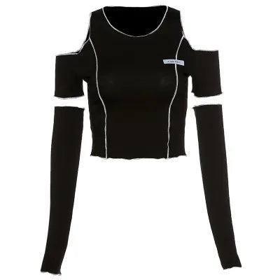 Patchwork Black T-shirts Gothic One Shoulder Sleeve Y2k Crop-Black-7