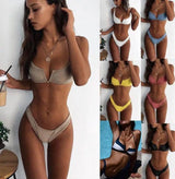 Personalized solid color V-shaped plaid printed bikini-1