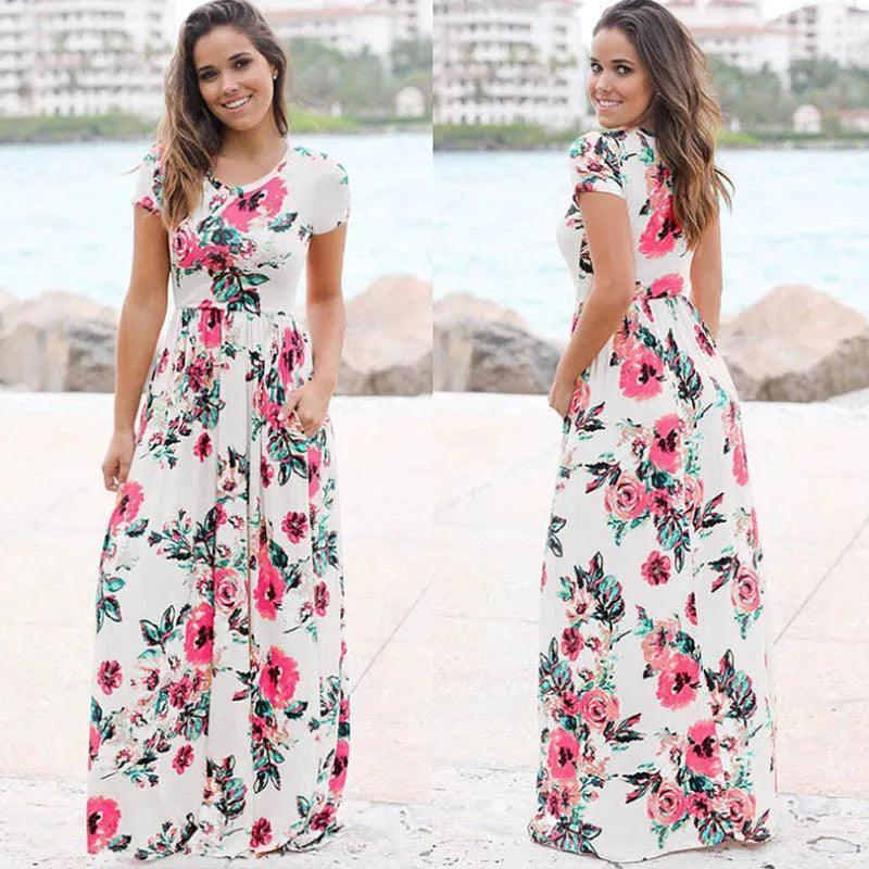 Pink Floral Boho Maxi Dress - Summer 2022 Beach Party Wear-White-6
