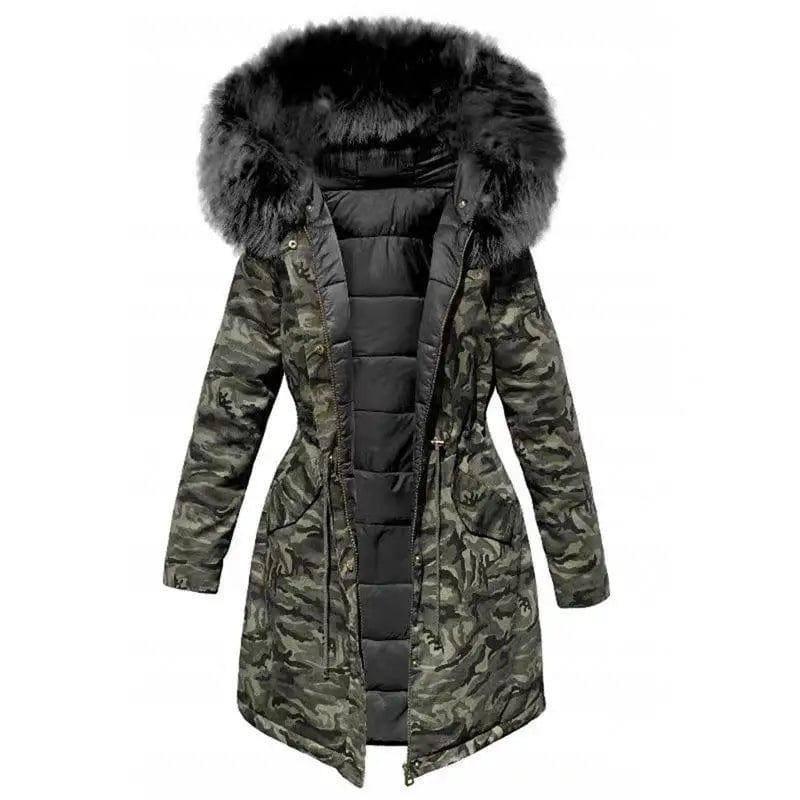 Plush Thick Coat Loose Big Fur Collar Mid-length Camouflage-Camouflage-5