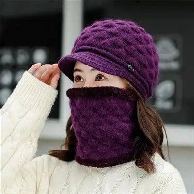 Plush thick warm ear protection scarf hat-Purple-15