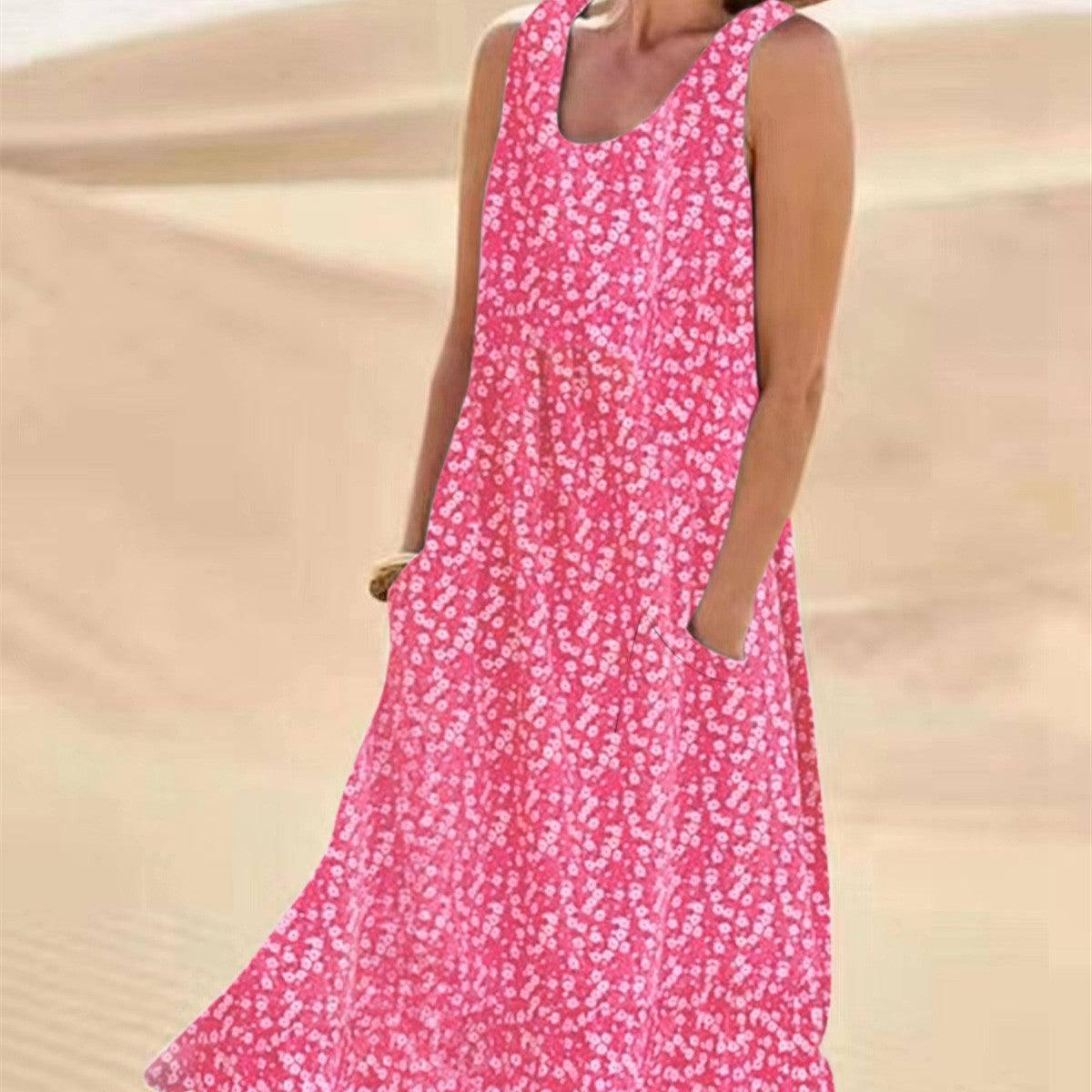Pocket Sleeveless Round Neck Large Swing Floral Dress Plus-Pink-11